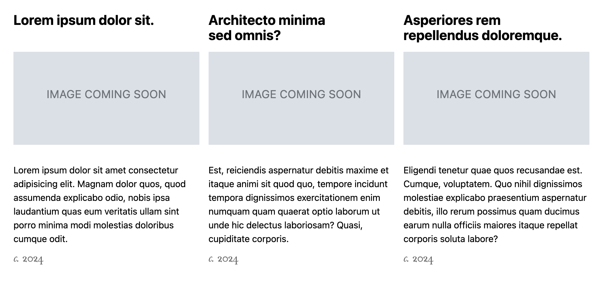 Three projects with the year shown in gray letters underneath the description